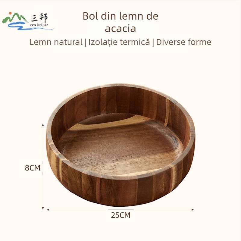 Bol de salată din lemn de salcâm pentru uz casnic, bol din bambus natural, bol extra-mare pentru tăiței din lemn, bol anti-cădere și anti-opărire pentru copii