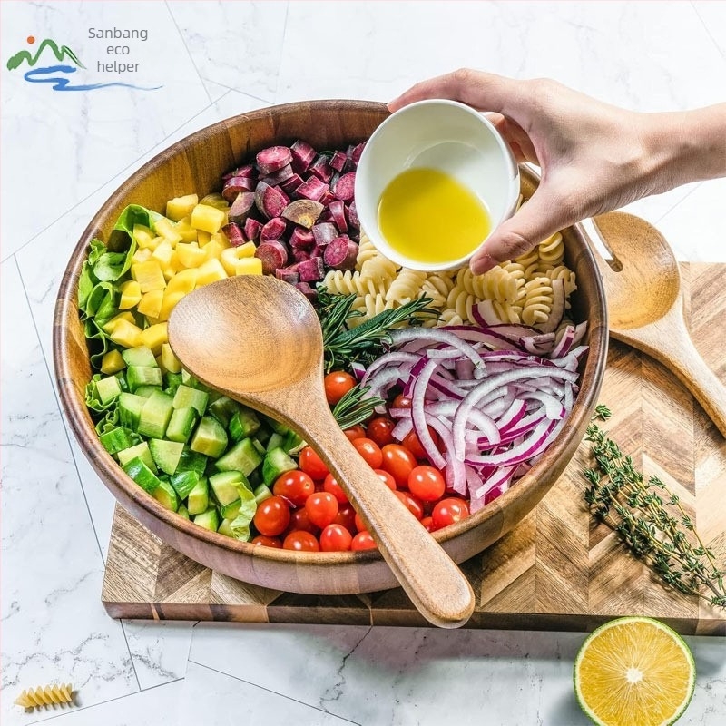 Bol de salată din lemn de salcâm pentru uz casnic, bol din bambus natural, bol extra-mare pentru tăiței din lemn, bol anti-cădere și anti-opărire pentru copii