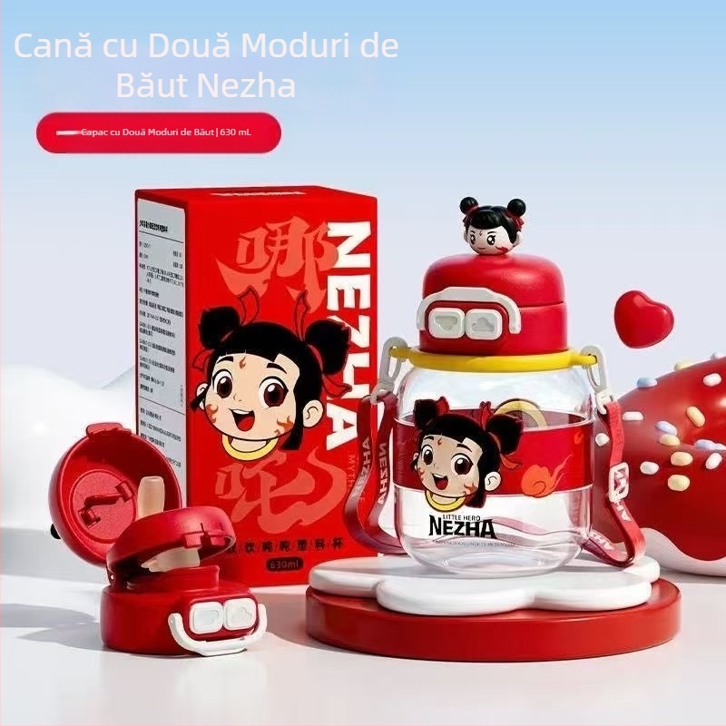 Sanrio Kidsren's Nezha Cupa de apă de vară pentru fete, elevi, școală, anti-cădere, portabil, cu desene animate, cu paie duble, nou
