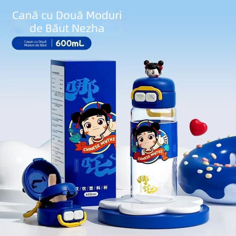 Sanrio Kidsren's Nezha Cupa de apă de vară pentru fete, elevi, școală, anti-cădere, portabil, cu desene animate, cu paie duble, nou
