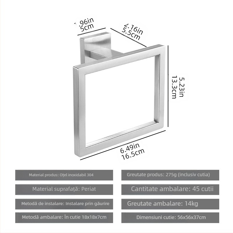 Suport pentru prosoape din oțel inoxidabil, cu tub pătrat, tip inel pentru prosoape, cârlig pentru haine, suport pentru șervețele, agățat în baie