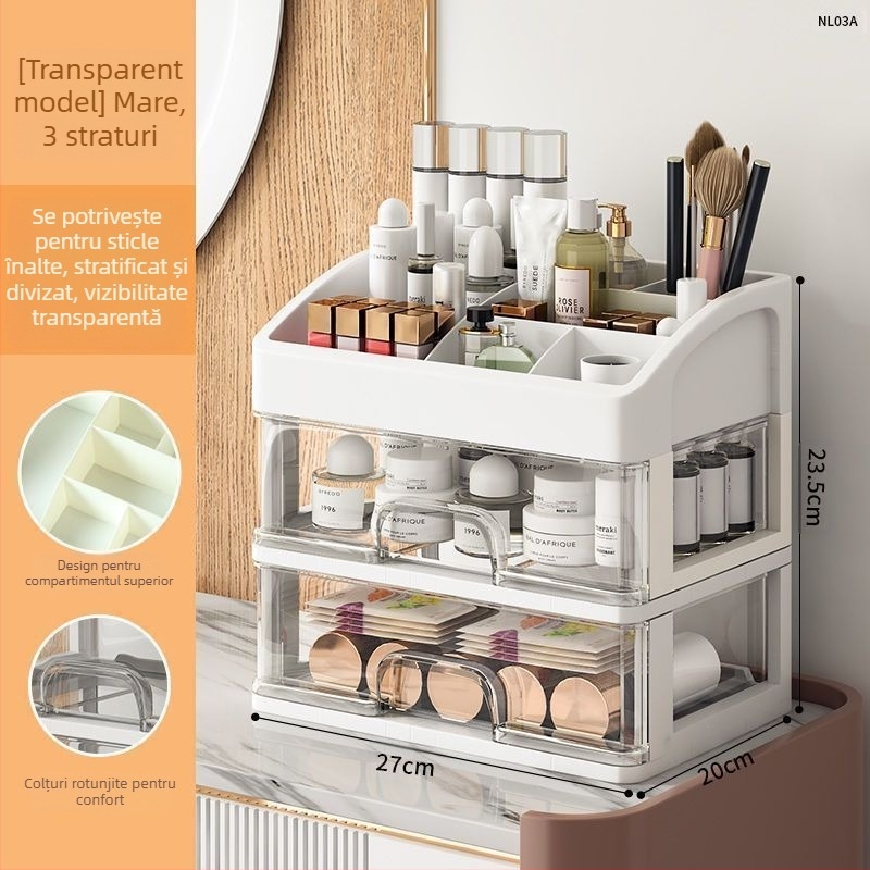 Cutie de depozitare cosmetică transparentă pentru birou, tip sertar rezistent la praf, pentru îngrijirea pielii, masă de toaletă, capacitate mare, cutie de machiaj pentru dormitor