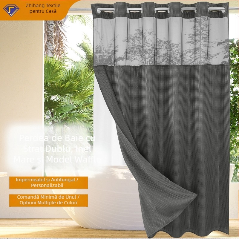 Perdea de duș Waffle, dublu strat, inel mare, poliester, impermeabilă, perdea de baie, perdea despărțitoare pentru baie, impermeabilă și rezistentă la mucegai