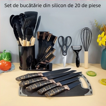 Set de scule de uz casnic din aur roz, 20 de piese, sursă transfrontalieră, răzuitor din silicon, perie de ulei, bătător de ouă, costum de 19 piese