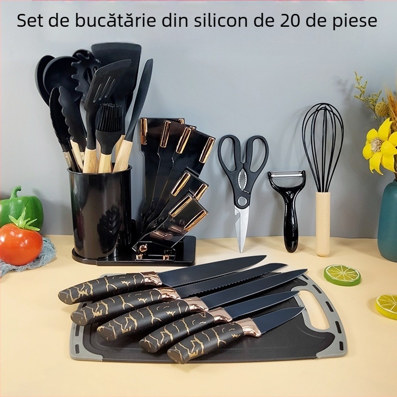 Set de scule de uz casnic din aur roz, 20 de piese, sursă transfrontalieră, răzuitor din silicon, perie de ulei, bătător de ouă, costum de 19 piese