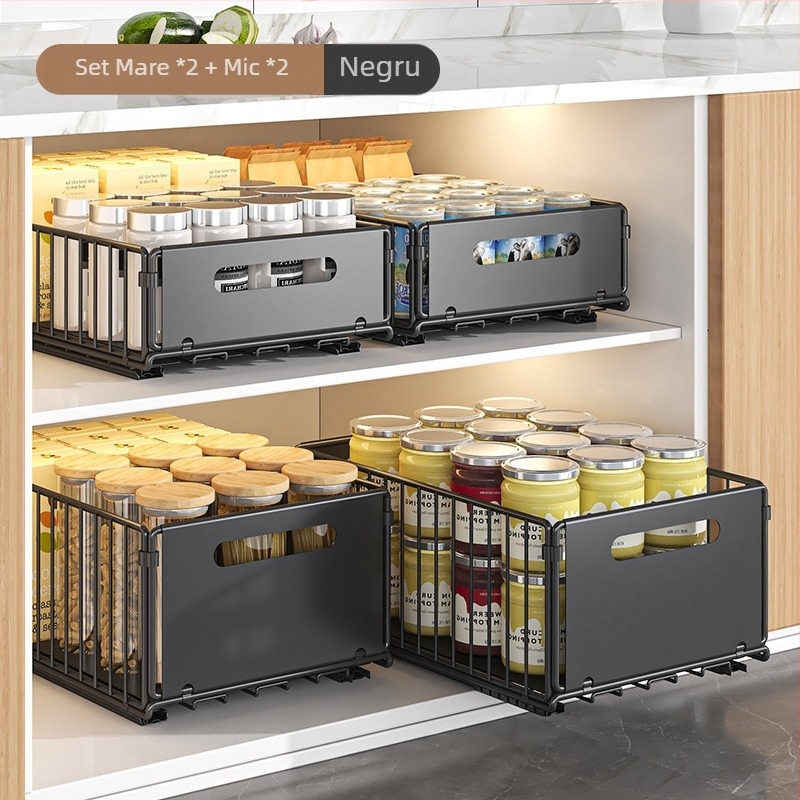Raft de depozitare pentru chiuvetă de bucătărie, coș extensibil, dublu strat, raft de depozitare pentru sticle de gustări cu condimente, raft pentru dulap
