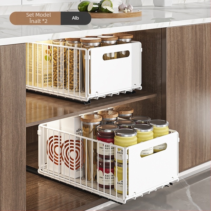 Raft de depozitare pentru chiuvetă de bucătărie, coș extensibil, dublu strat, raft de depozitare pentru sticle de gustări cu condimente, raft pentru dulap
