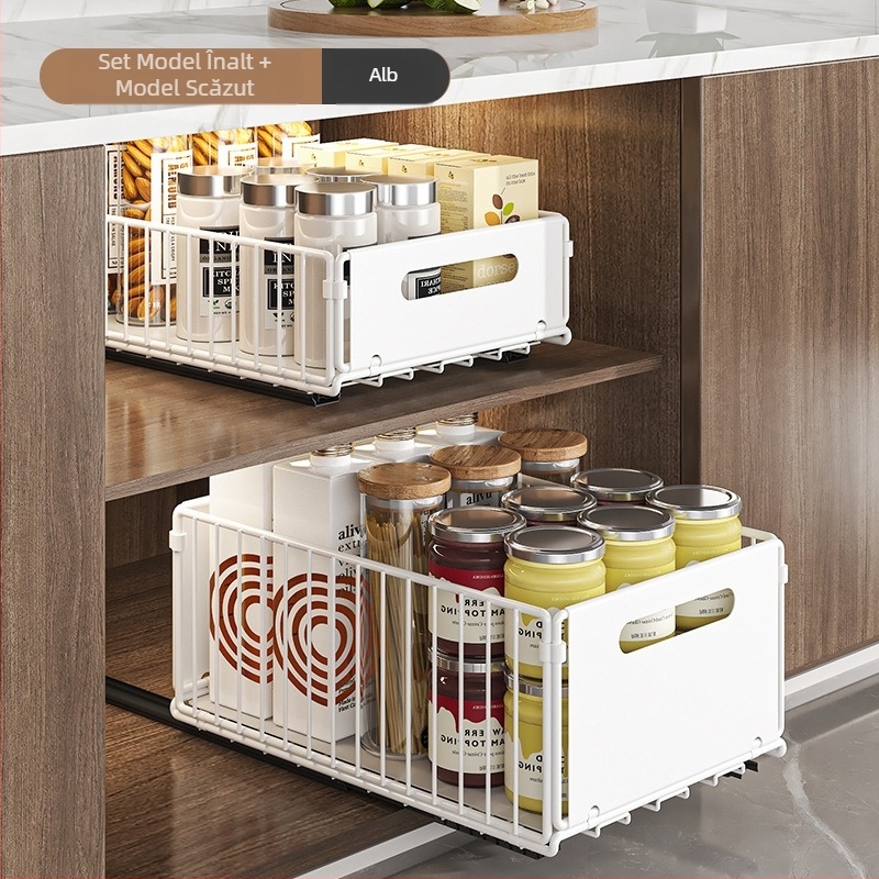 Raft de depozitare pentru chiuvetă de bucătărie, coș extensibil, dublu strat, raft de depozitare pentru sticle de gustări cu condimente, raft pentru dulap