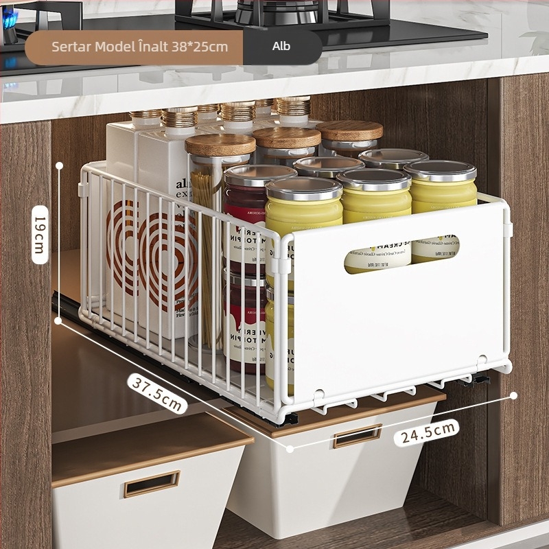 Raft de depozitare pentru chiuvetă de bucătărie, coș extensibil, dublu strat, raft de depozitare pentru sticle de gustări cu condimente, raft pentru dulap