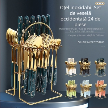 Set de tacâmuri transfrontalier din oțel inoxidabil, format din 24 de piese, în stoc, nou, cu mâner ceramic placat cu aur, cuțit, furculiță și lingură, suport de depozitare, cutie cadou, costum