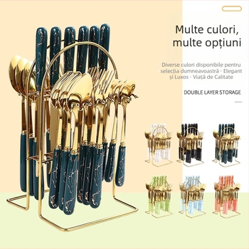 Set de tacâmuri transfrontalier din oțel inoxidabil, format din 24 de piese, în stoc, nou, cu mâner ceramic placat cu aur, cuțit, furculiță și lingură, suport de depozitare, cutie cadou, costum