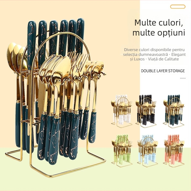 Set de tacâmuri transfrontalier din oțel inoxidabil, format din 24 de piese, în stoc, nou, cu mâner ceramic placat cu aur, cuțit, furculiță și lingură, suport de depozitare, cutie cadou, costum