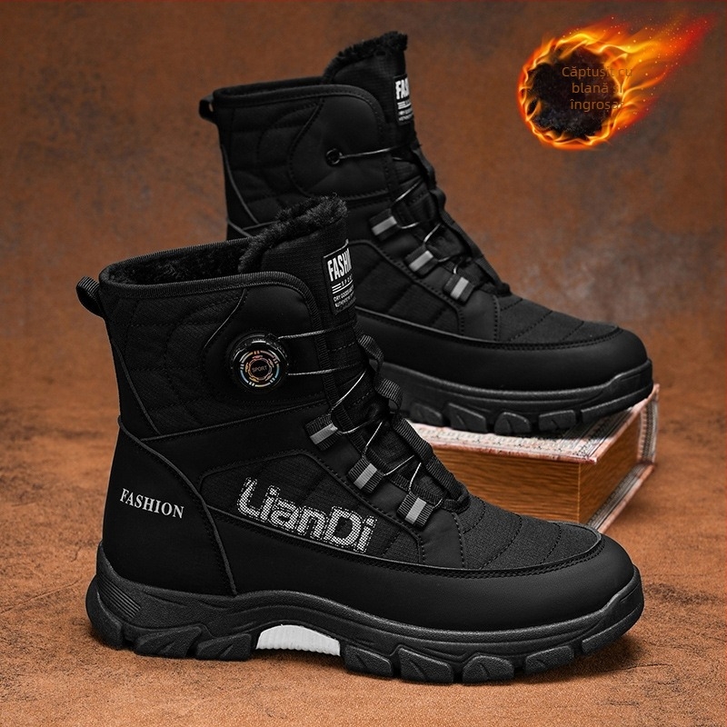 Cizme de zăpadă pentru bărbați, cizme de iarnă noi, cizme înalte din bumbac, căptușite cu fleece, îngroșate și calde, cataramă pivotantă, antiderapante, pantofi din bumbac rezistenți la uzură