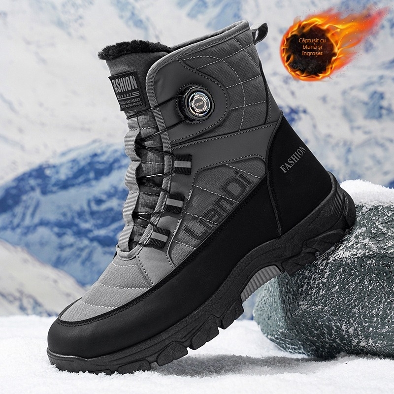 Cizme de zăpadă pentru bărbați, cizme de iarnă noi, cizme înalte din bumbac, căptușite cu fleece, îngroșate și calde, cataramă pivotantă, antiderapante, pantofi din bumbac rezistenți la uzură