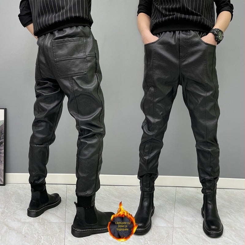 Pantaloni din piele pentru bărbați, toamna și iarna, negri, Samurai, impermeabili, din piele, pantaloni în aer liber, motocicletă, echitatie, PU, slim fit, pantaloni de picior