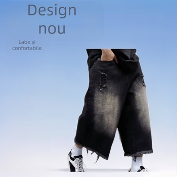 Vara nouă pantaloni subțiri bărbați design larg blugi la modă brand larg picior american retro cinci sferturi pantaloni casual pantaloni medii