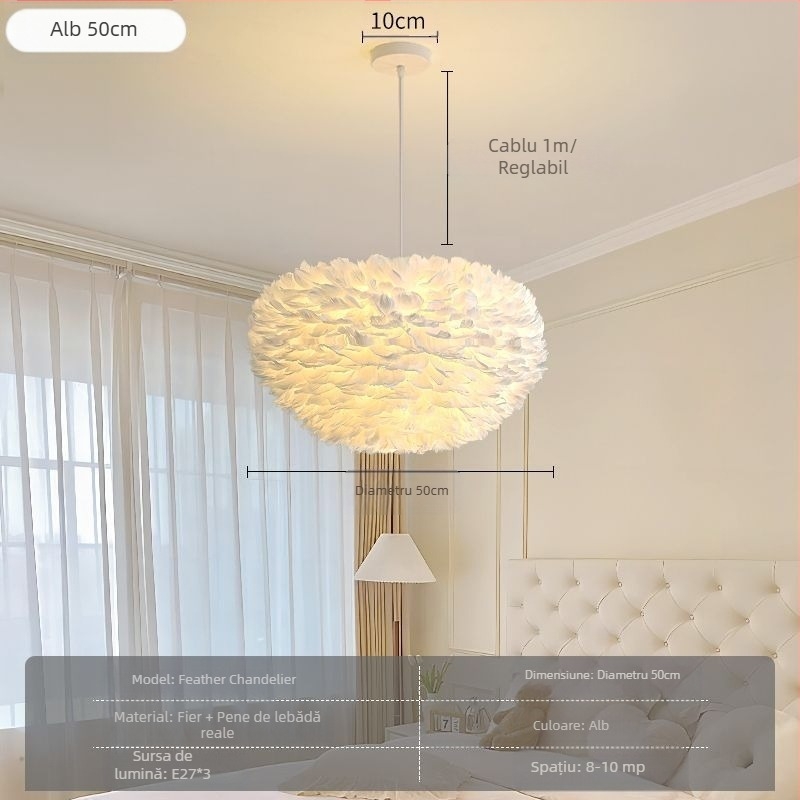 Candelabru cu pene, stil nordic, modern, minimalist, personalizat, creativ, pentru sufragerie, dormitor principal, lampă cu pene, candelabru în stil interior