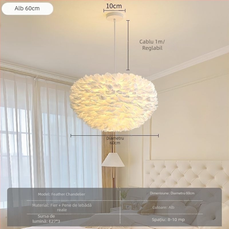 Candelabru cu pene, stil nordic, modern, minimalist, personalizat, creativ, pentru sufragerie, dormitor principal, lampă cu pene, candelabru în stil interior