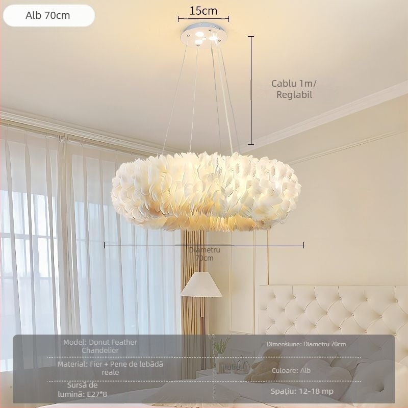 Candelabru cu pene, stil nordic, modern, minimalist, personalizat, creativ, pentru sufragerie, dormitor principal, lampă cu pene, candelabru în stil interior