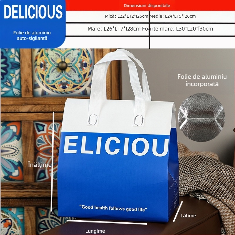 Geantă nețesută, geantă izolatoare personalizată de unică folosință pentru mâncare la pachet, ambalaj personalizat pentru catering, ceai cu lapte, geantă de mână autoetanșantă din folie de aluminiu