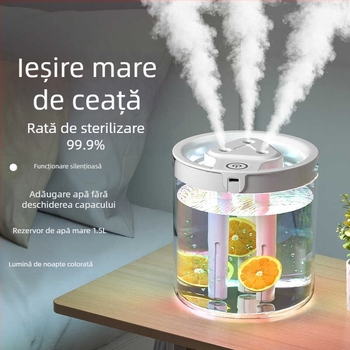 Umidificator de aer cu volum mare de ceață, spray silențios, trei duze, umidificator de birou de mare capacitate, difuzor de aromă, hidratant
