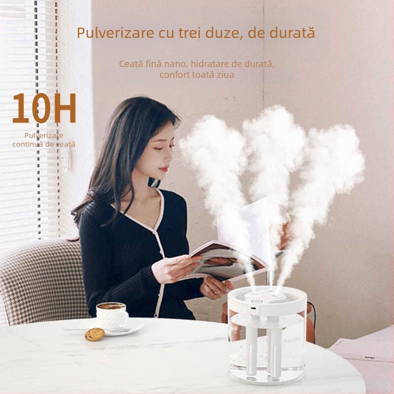 Umidificator de aer cu volum mare de ceață, spray silențios, trei duze, umidificator de birou de mare capacitate, difuzor de aromă, hidratant