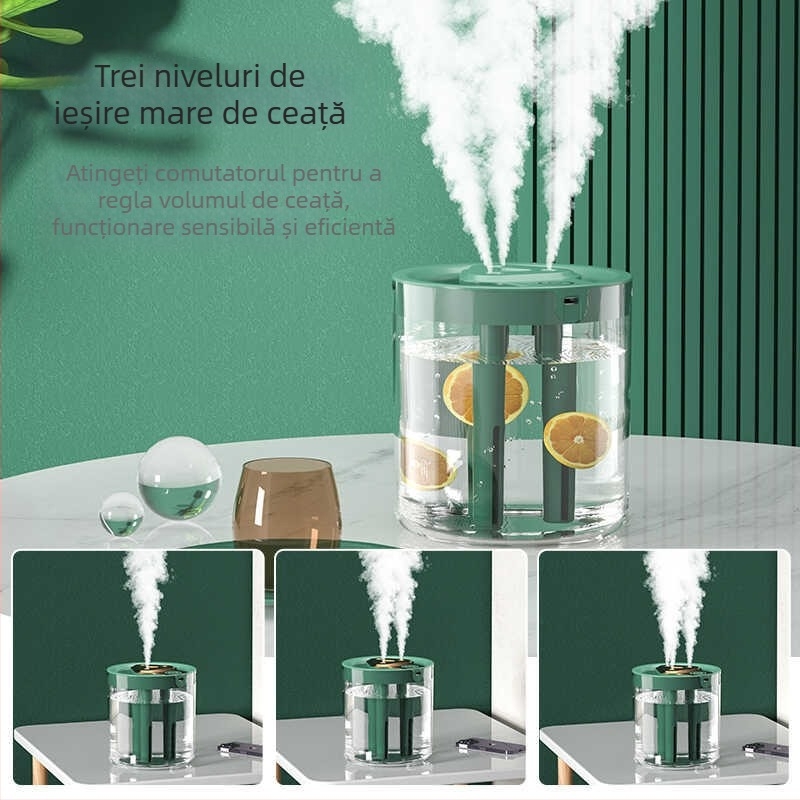 Umidificator de aer cu volum mare de ceață, spray silențios, trei duze, umidificator de birou de mare capacitate, difuzor de aromă, hidratant