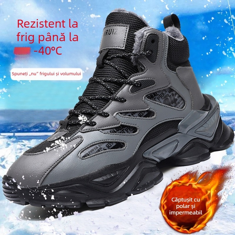 Pantofi sport din piele impermeabili, pantofi de iarnă cu vârf înalt pentru adolescenți, pantofi la modă, cu căptușeală din fleece, cizme de zăpadă calde, pantofi antiderapanți și rezistenți la uzură pentru bărbați