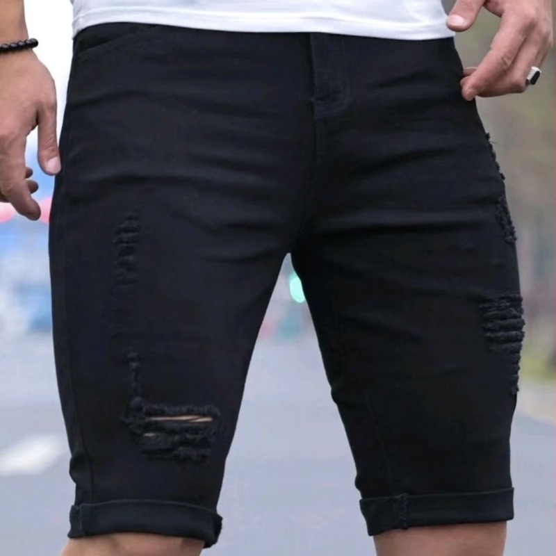 Pantaloni scurți din denim rupți albaștri Cross-Border Temu, design cu mai multe găuri, blugi de vară pentru bărbați, stil subțire de vară