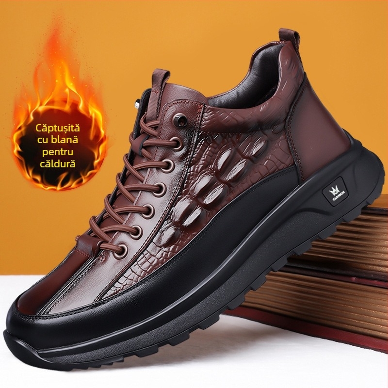 Pantofi bărbătești, pantofi noi de afaceri casual din piele, pantofi britanici de toamnă și iarnă cu căptușeală din fleece, cizme Martins, o generație de păr