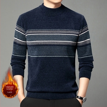 Pulover de catifea Ferret pentru bărbați, iarnă, căptușit cu fleece, cald, tricotat, pulover casual de vârstă mijlocie, cu guler înalt și dungi, top de tată