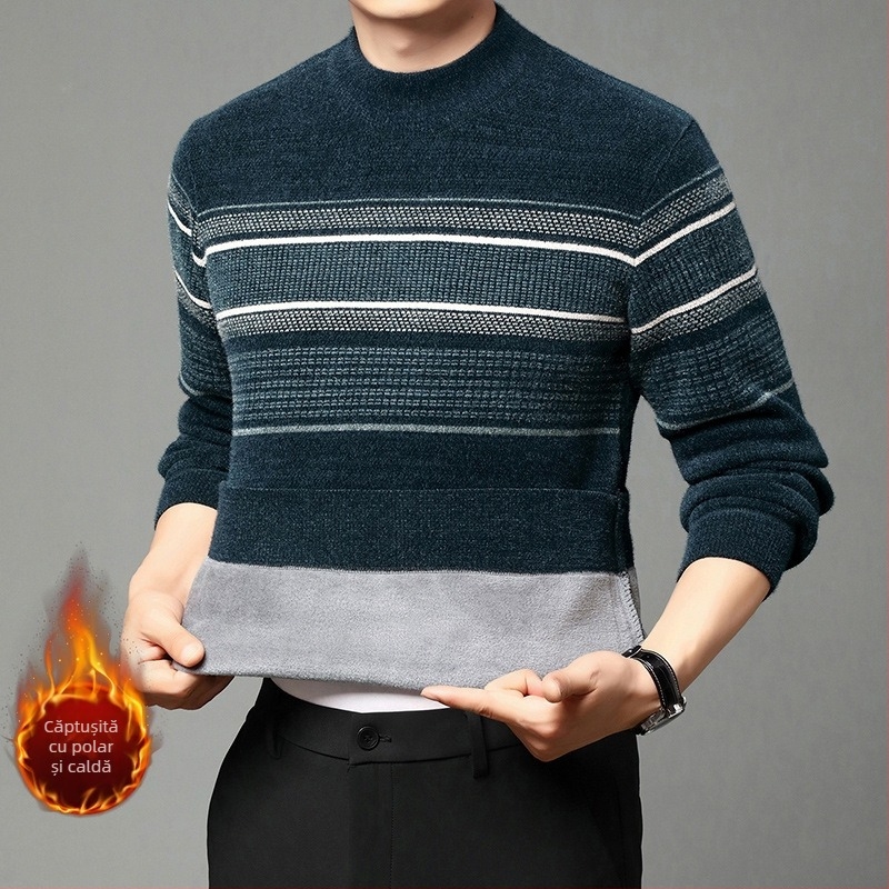 Pulover de catifea Ferret pentru bărbați, iarnă, căptușit cu fleece, cald, tricotat, pulover casual de vârstă mijlocie, cu guler înalt și dungi, top de tată
