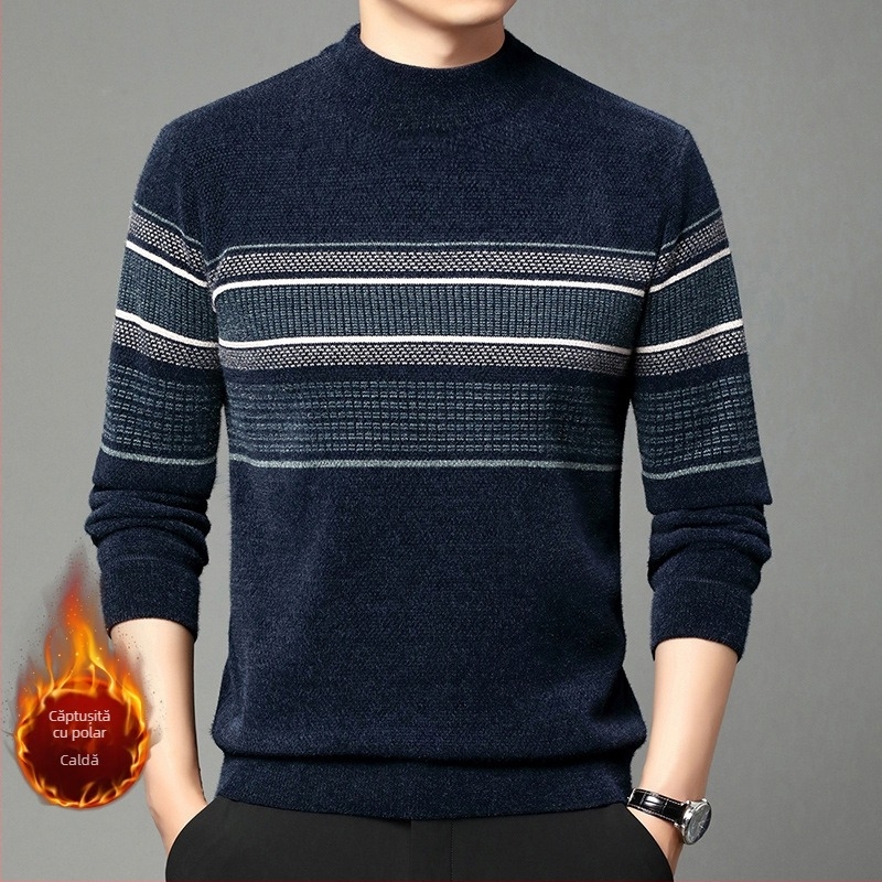 Pulover de catifea Ferret pentru bărbați, iarnă, căptușit cu fleece, cald, tricotat, pulover casual de vârstă mijlocie, cu guler înalt și dungi, top de tată