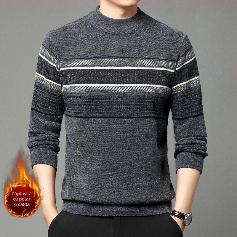 Pulover de catifea Ferret pentru bărbați, iarnă, căptușit cu fleece, cald, tricotat, pulover casual de vârstă mijlocie, cu guler înalt și dungi, top de tată