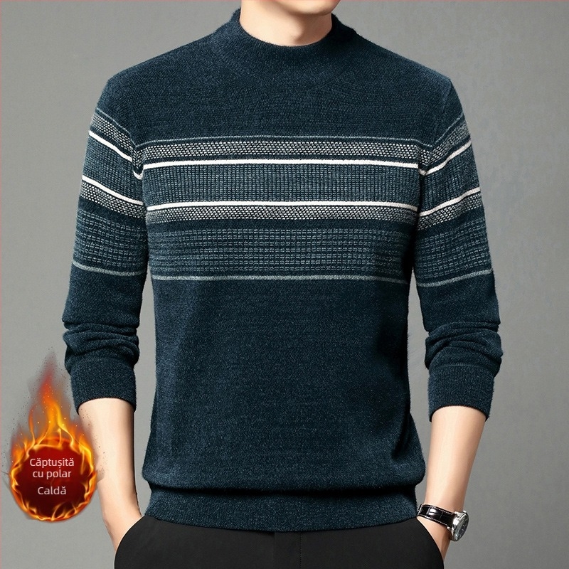 Pulover de catifea Ferret pentru bărbați, iarnă, căptușit cu fleece, cald, tricotat, pulover casual de vârstă mijlocie, cu guler înalt și dungi, top de tată