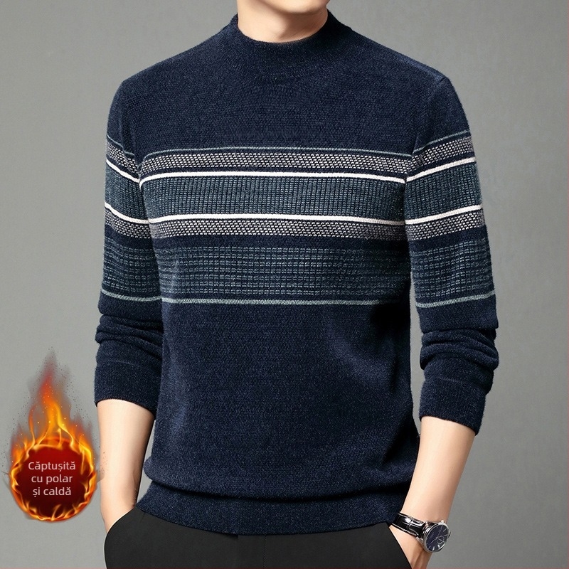 Pulover de catifea Ferret pentru bărbați, iarnă, căptușit cu fleece, cald, tricotat, pulover casual de vârstă mijlocie, cu guler înalt și dungi, top de tată