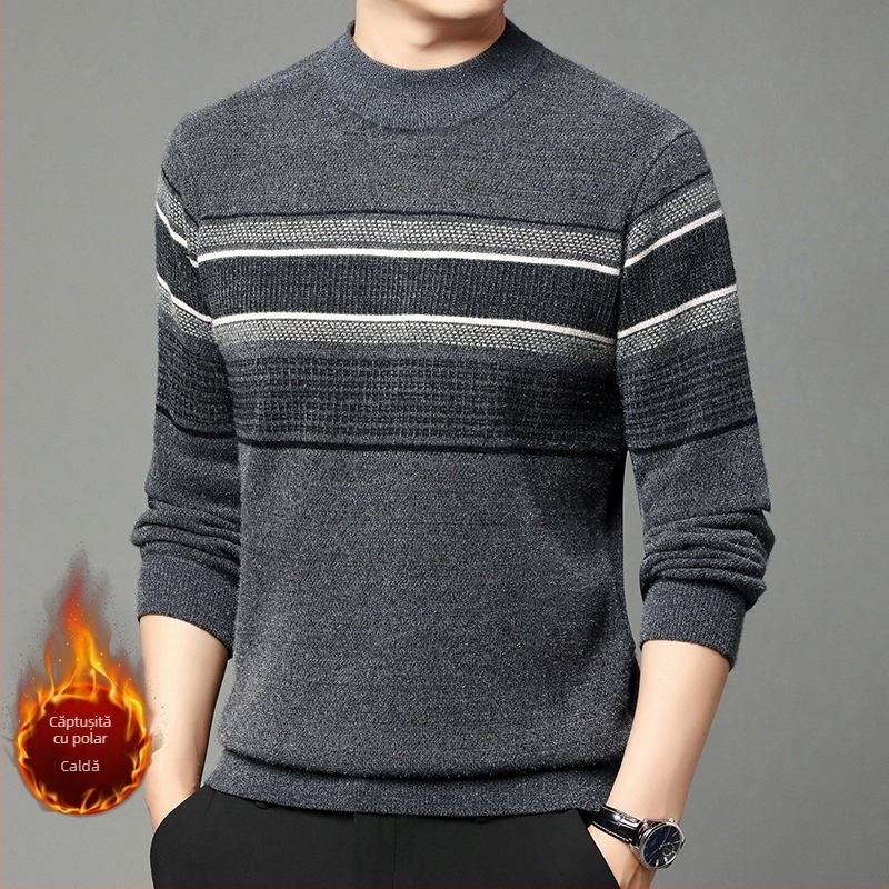 Pulover de catifea Ferret pentru bărbați, iarnă, căptușit cu fleece, cald, tricotat, pulover casual de vârstă mijlocie, cu guler înalt și dungi, top de tată