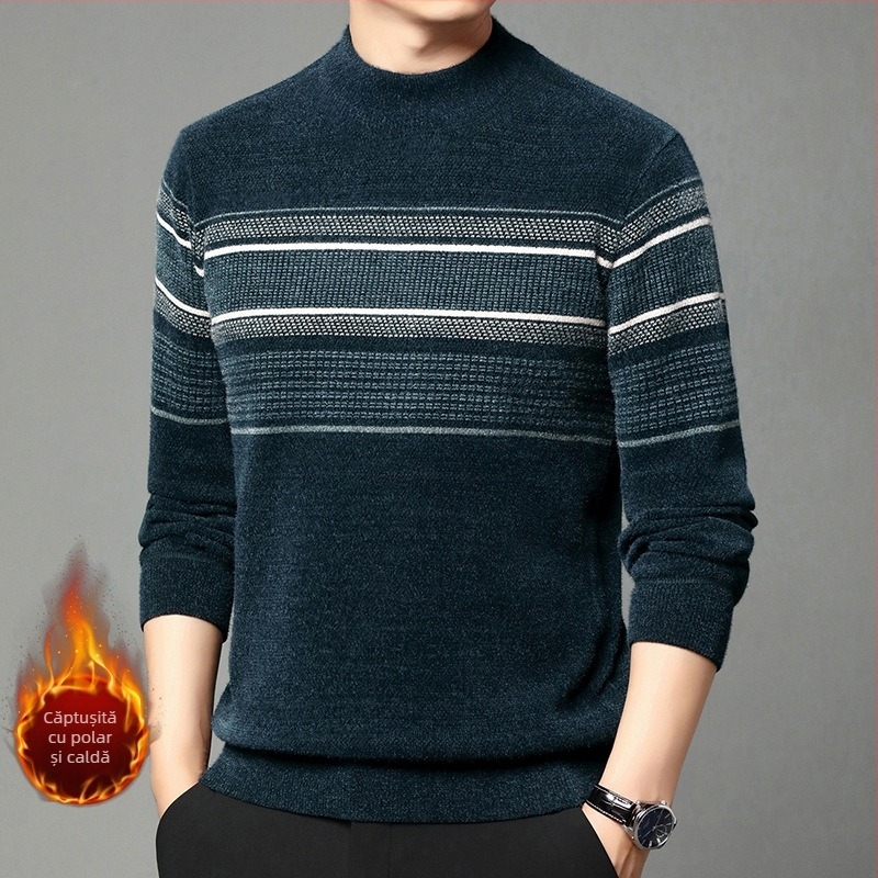 Pulover de catifea Ferret pentru bărbați, iarnă, căptușit cu fleece, cald, tricotat, pulover casual de vârstă mijlocie, cu guler înalt și dungi, top de tată