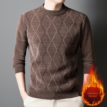2024 Toamna/Iarna Nou Pulover cu Guler Crew pentru Bărbați de Vârstă Mijlocie și Vârstnici Modă de Agrement Călduroasă Îngroșată cu Căptușeală din Fleece Tricotat Bază de Cămașă