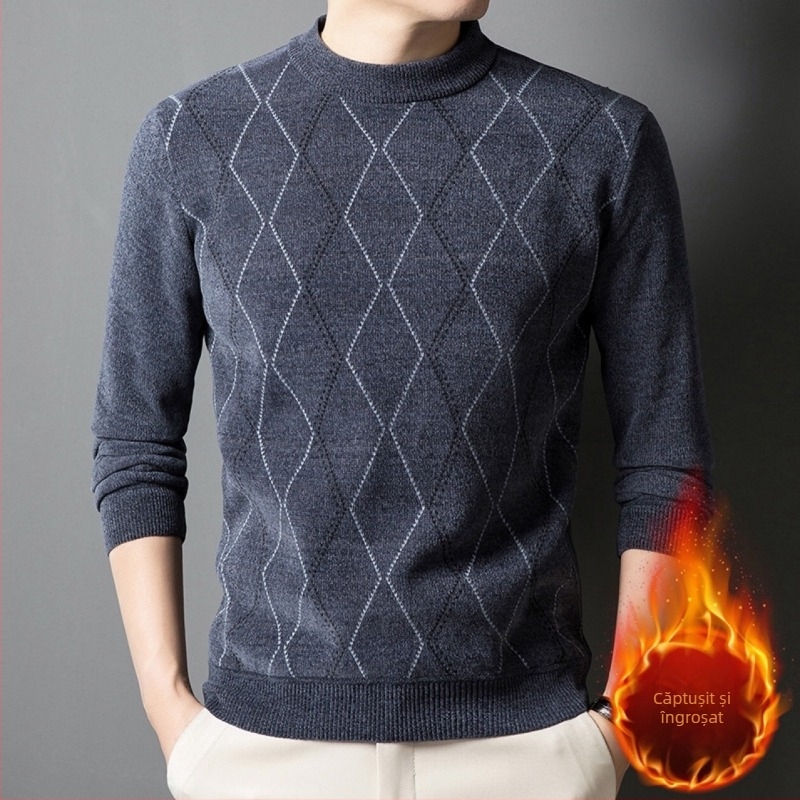 2024 Toamna/Iarna Nou Pulover cu Guler Crew pentru Bărbați de Vârstă Mijlocie și Vârstnici Modă de Agrement Călduroasă Îngroșată cu Căptușeală din Fleece Tricotat Bază de Cămașă