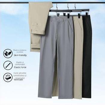 Pantaloni sport bărbați de mătase gheață pantaloni sport casual subțiri de vară pantaloni de costum de afaceri drepți, elastici, negri, lungi