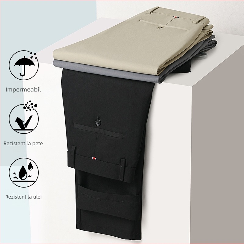 Pantaloni sport bărbați de mătase gheață pantaloni sport casual subțiri de vară pantaloni de costum de afaceri drepți, elastici, negri, lungi