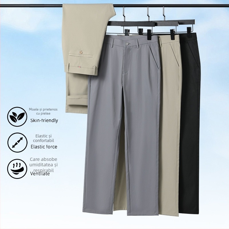 Pantaloni sport bărbați de mătase gheață pantaloni sport casual subțiri de vară pantaloni de costum de afaceri drepți, elastici, negri, lungi