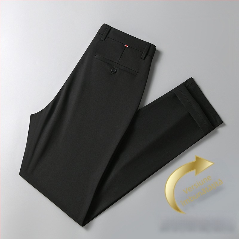 Pantaloni sport bărbați de mătase gheață pantaloni sport casual subțiri de vară pantaloni de costum de afaceri drepți, elastici, negri, lungi
