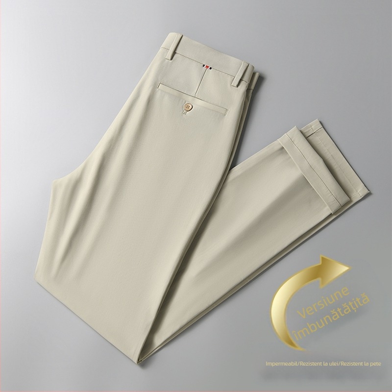 Pantaloni sport bărbați de mătase gheață pantaloni sport casual subțiri de vară pantaloni de costum de afaceri drepți, elastici, negri, lungi