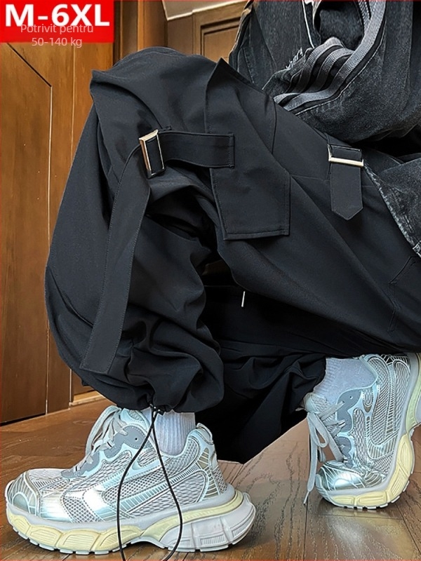 Bărbați, stil Hong Kong, pantaloni sport casual, stil de primăvară și toamnă, la modă, stil patchwork, cu buzunar, salopete dolofane, mărime mare, plus grăsimi, pantaloni sport largi