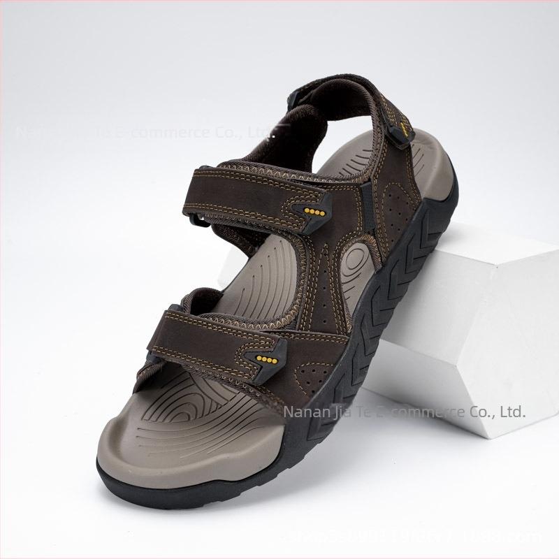 Sandale ușoare din piele de vacă transfrontaliere, sandale pentru bărbați, pantofi de plajă, pantofi de vară plus mărime, ușoare, respirabile, cu velcro, vietnameze