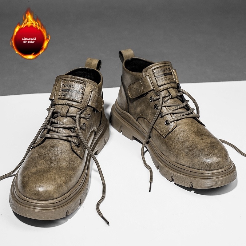 Toamna 2024 Cizme Martin noi de iarnă cu căptușeală din fleece, calde, de top înalt, pentru lucru, cizme din piele, de top mediu, pantofi casual britanici din piele