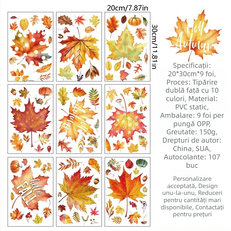 2025 Autocolante statice pentru ferestre cu tematică transfrontalieră Amazon Toamnă Ziua Recunoștinței, frunze de arțar, dovleac, animale, autocolante pentru ferestre din sticlă