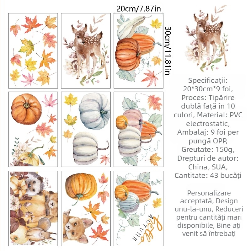2025 Autocolante statice pentru ferestre cu tematică transfrontalieră Amazon Toamnă Ziua Recunoștinței, frunze de arțar, dovleac, animale, autocolante pentru ferestre din sticlă